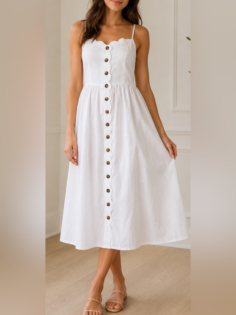 J.Crew Women’s 4P White Cotton Scalloped Button Front Midi Dress NWT